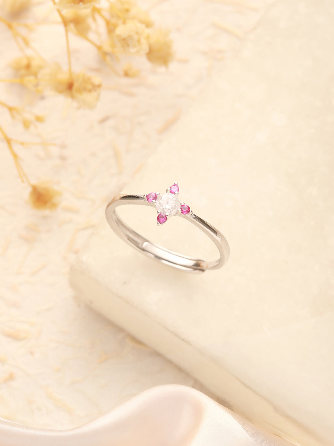925 Silver Pink AD Studded Engagement Adjustable Finger Ring